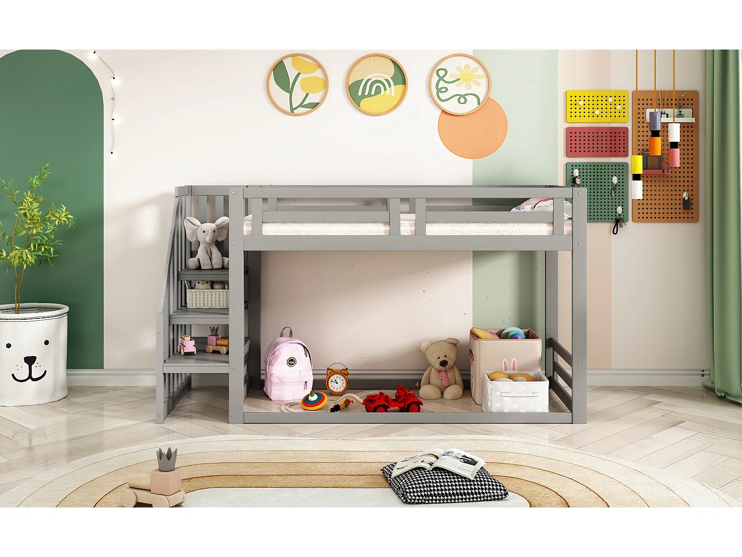 Letto a castello per bambini - 90 x 200 cm - con scaletta di sicurezza - legno + MDF - grigio