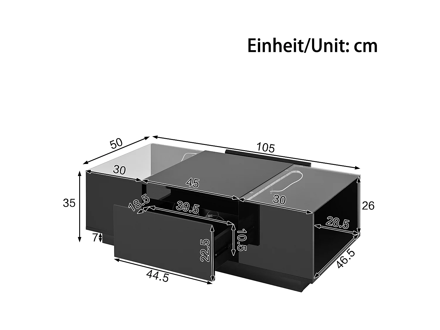 Table basse moderne - 105 x 50 x 35 cm - avec 2 tiroirs + Leds - plateau en verre - aggloméré - noir