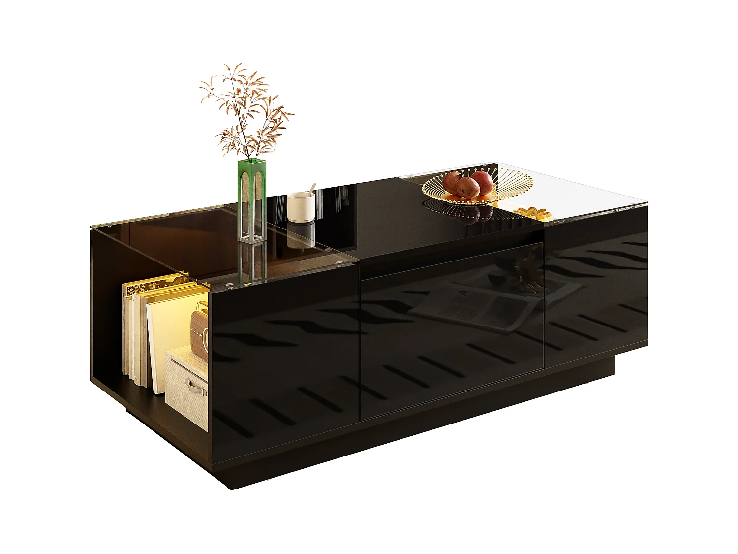 Table basse moderne - 105 x 50 x 35 cm - avec 2 tiroirs + Leds - plateau en verre - aggloméré - noir