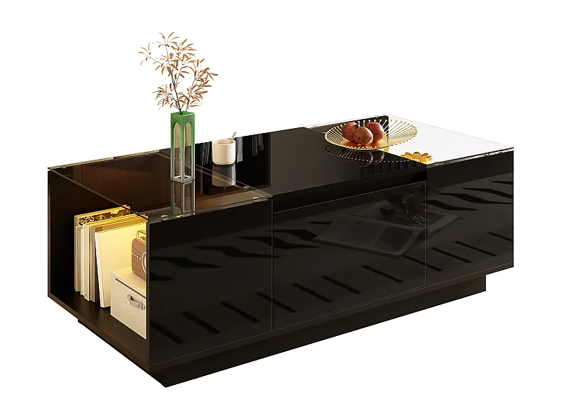 Table basse moderne - 105 x 50 x 35 cm - avec 2 tiroirs + Leds - plateau en verre - aggloméré - noir