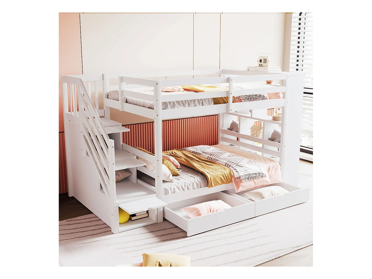 Lit superposés enfant - 2 x 90 x 200 cm - avec échelle de rangement + 2 tiroirs + grands casiers - bois - blanc