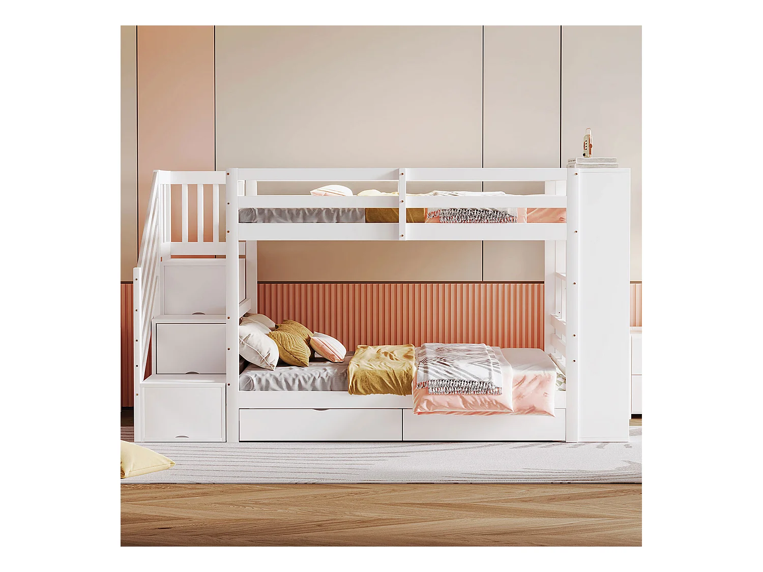 Lit superposés enfant - 2 x 90 x 200 cm - avec échelle de rangement + 2 tiroirs + grands casiers - bois - blanc