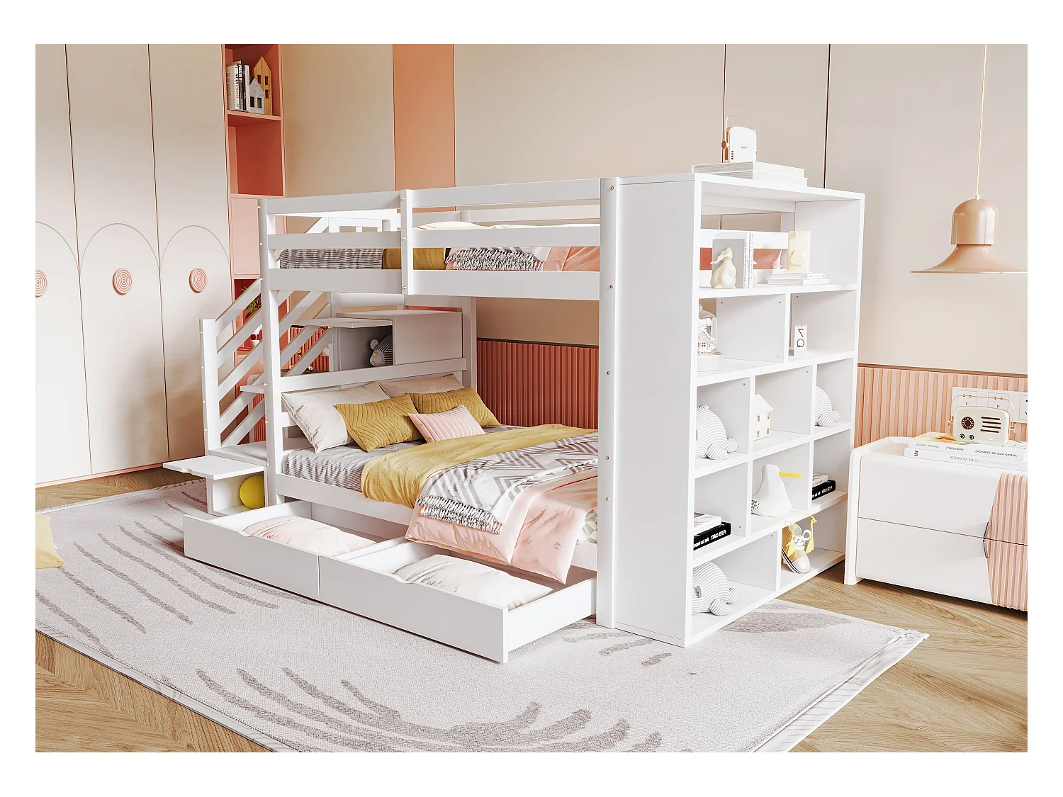 Lit superposés enfant - 2 x 90 x 200 cm - avec échelle de rangement + 2 tiroirs + grands casiers - bois - blanc