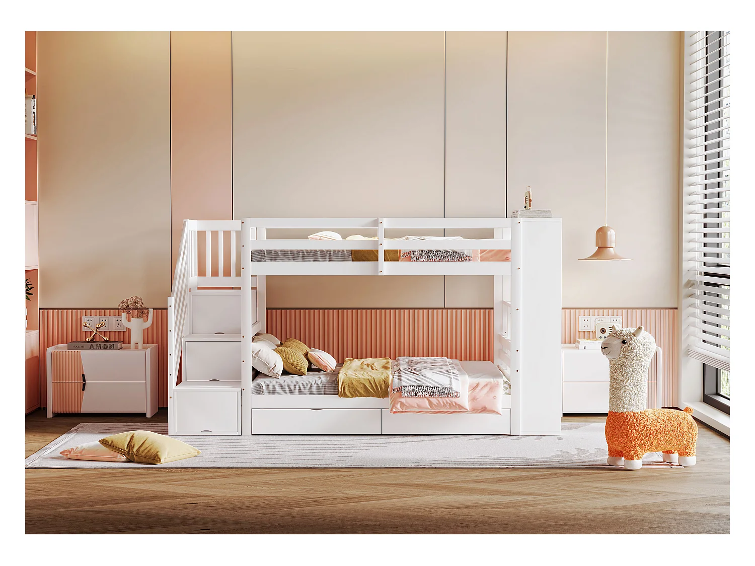 Lit superposés enfant - 2 x 90 x 200 cm - avec échelle de rangement + 2 tiroirs + grands casiers - bois - blanc