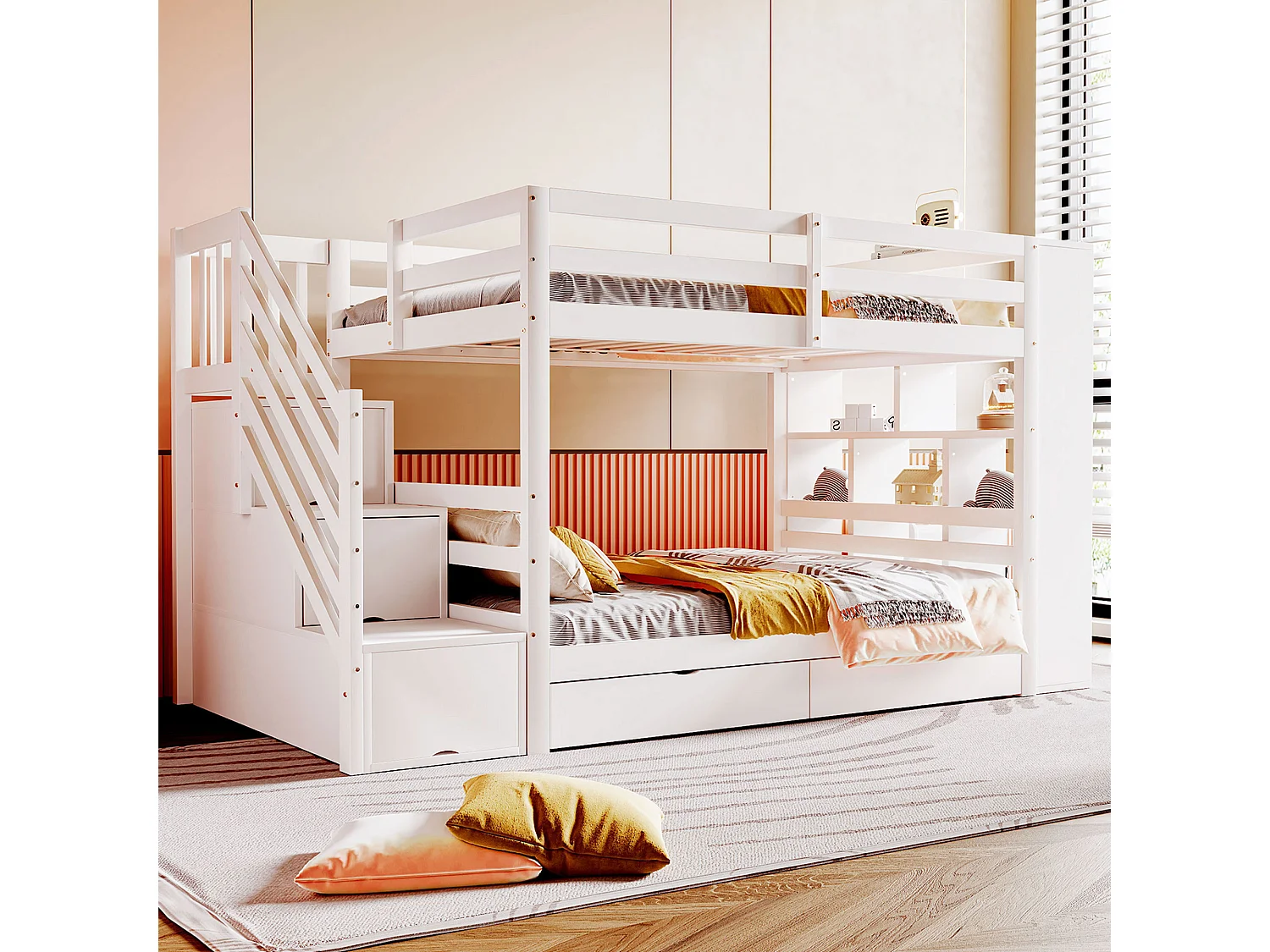 Lit superposés enfant - 2 x 90 x 200 cm - avec échelle de rangement + 2 tiroirs + grands casiers - bois - blanc