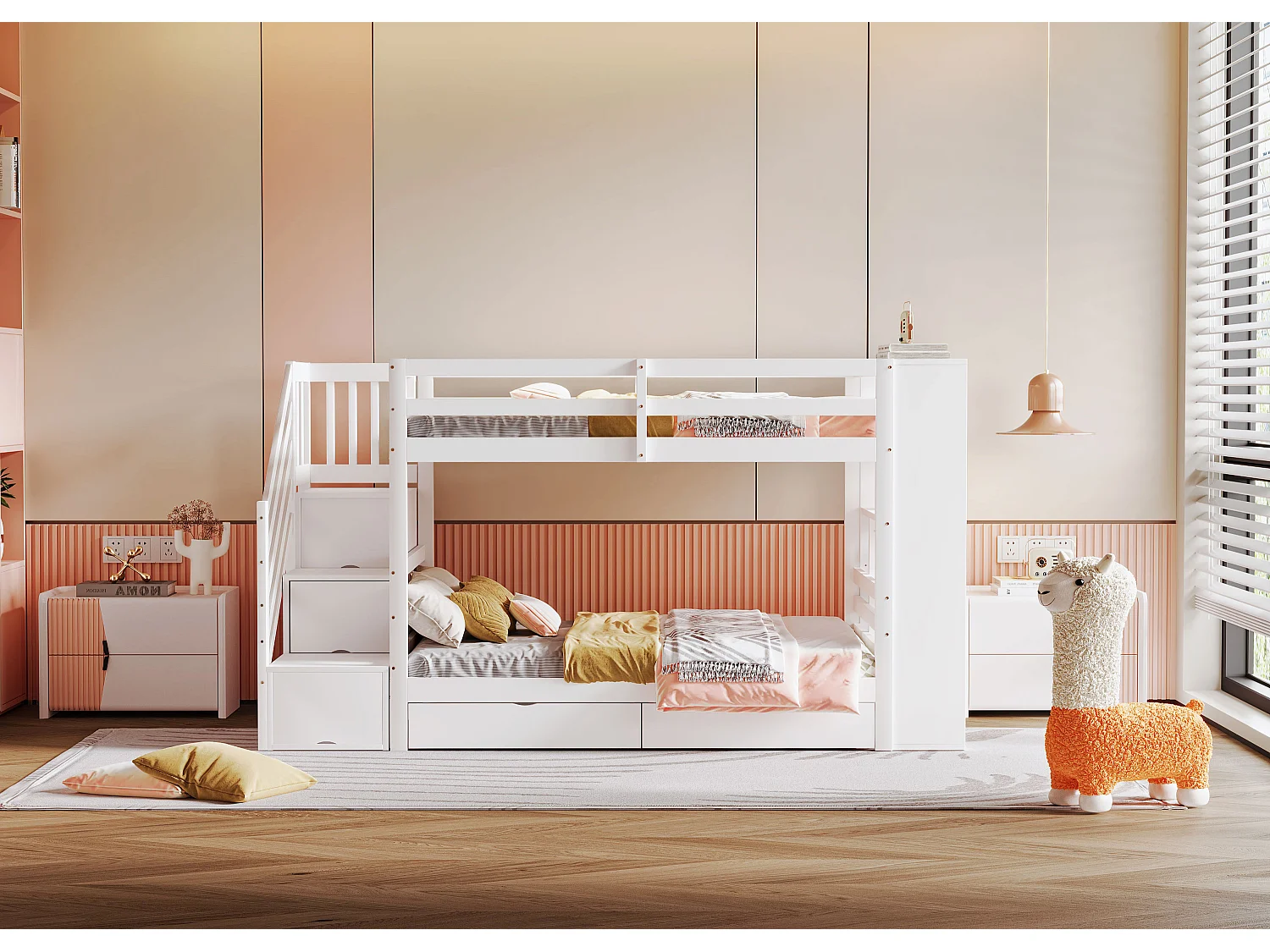 Lit superposés enfant - 2 x 90 x 200 cm - avec échelle de rangement + 2 tiroirs + grands casiers - bois - blanc