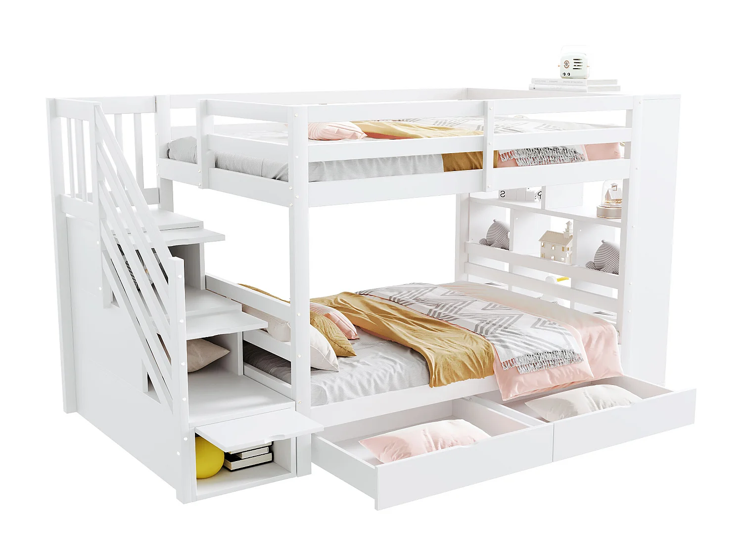 Lit superposés enfant - 2 x 90 x 200 cm - avec échelle de rangement + 2 tiroirs + grands casiers - bois - blanc