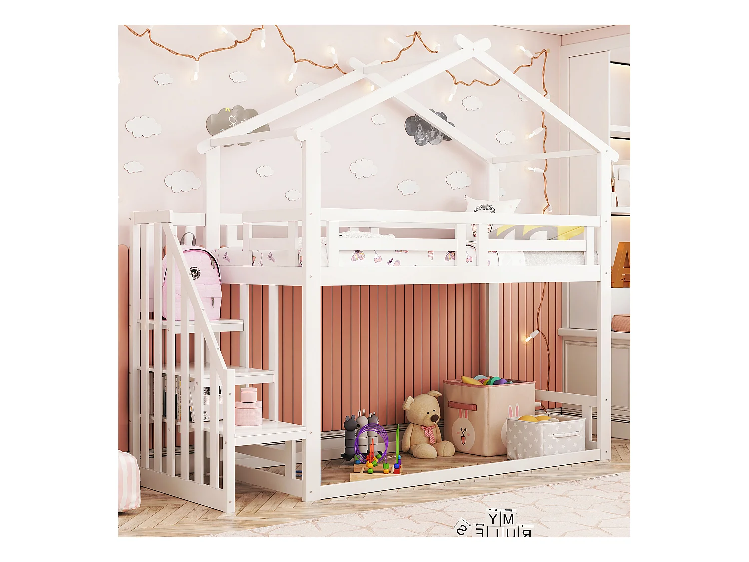 Lit superposés pour enfant - 90 x 200cm - avec escalier de sécurité + toit - bois + MDF - blanc