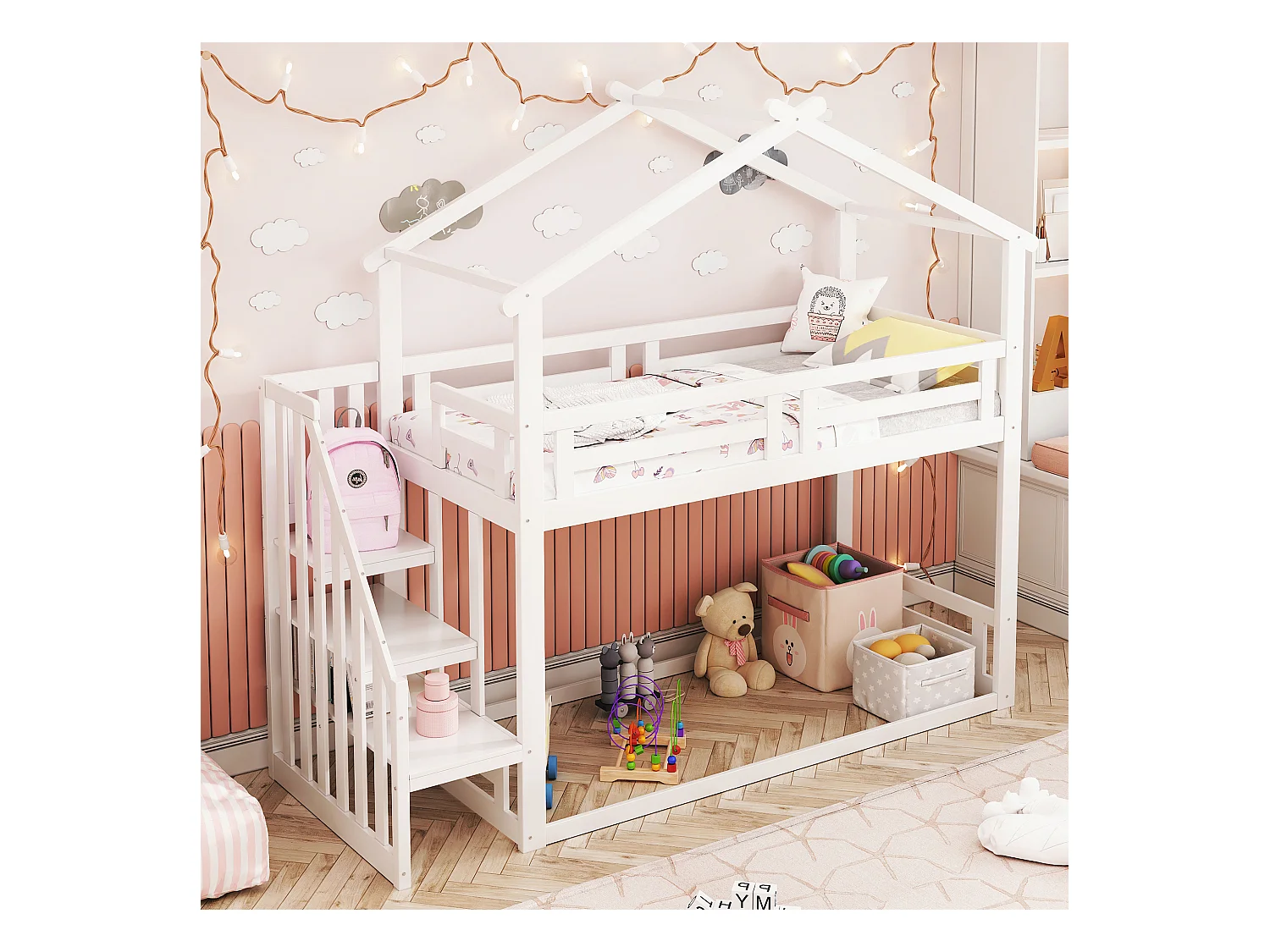 Lit superposés pour enfant - 90 x 200cm - avec escalier de sécurité + toit - bois + MDF - blanc