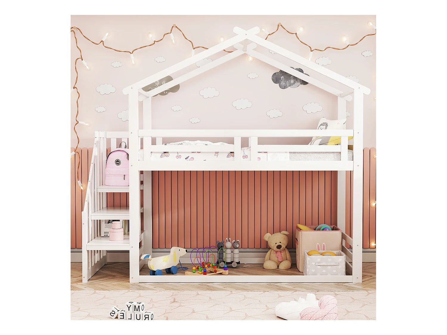 Lit superposés pour enfant - 90 x 200cm - avec escalier de sécurité + toit - bois + MDF - blanc