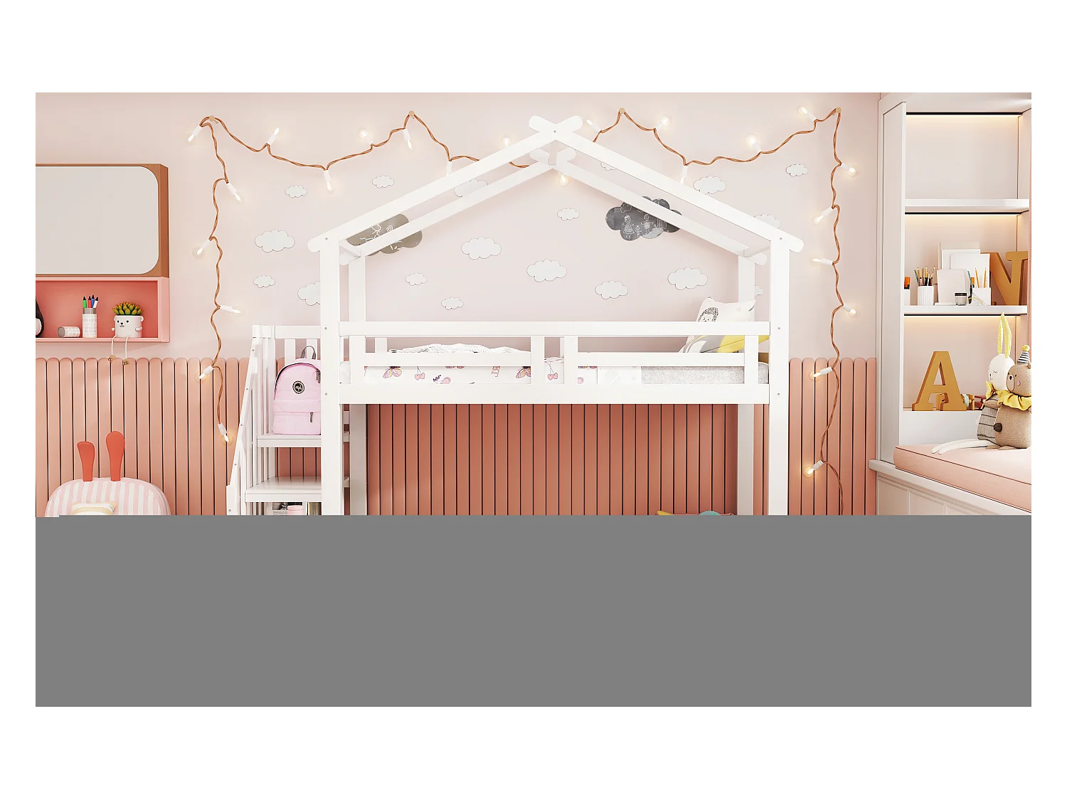 Lit superposés pour enfant - 90 x 200cm - avec escalier de sécurité + toit - bois + MDF - blanc