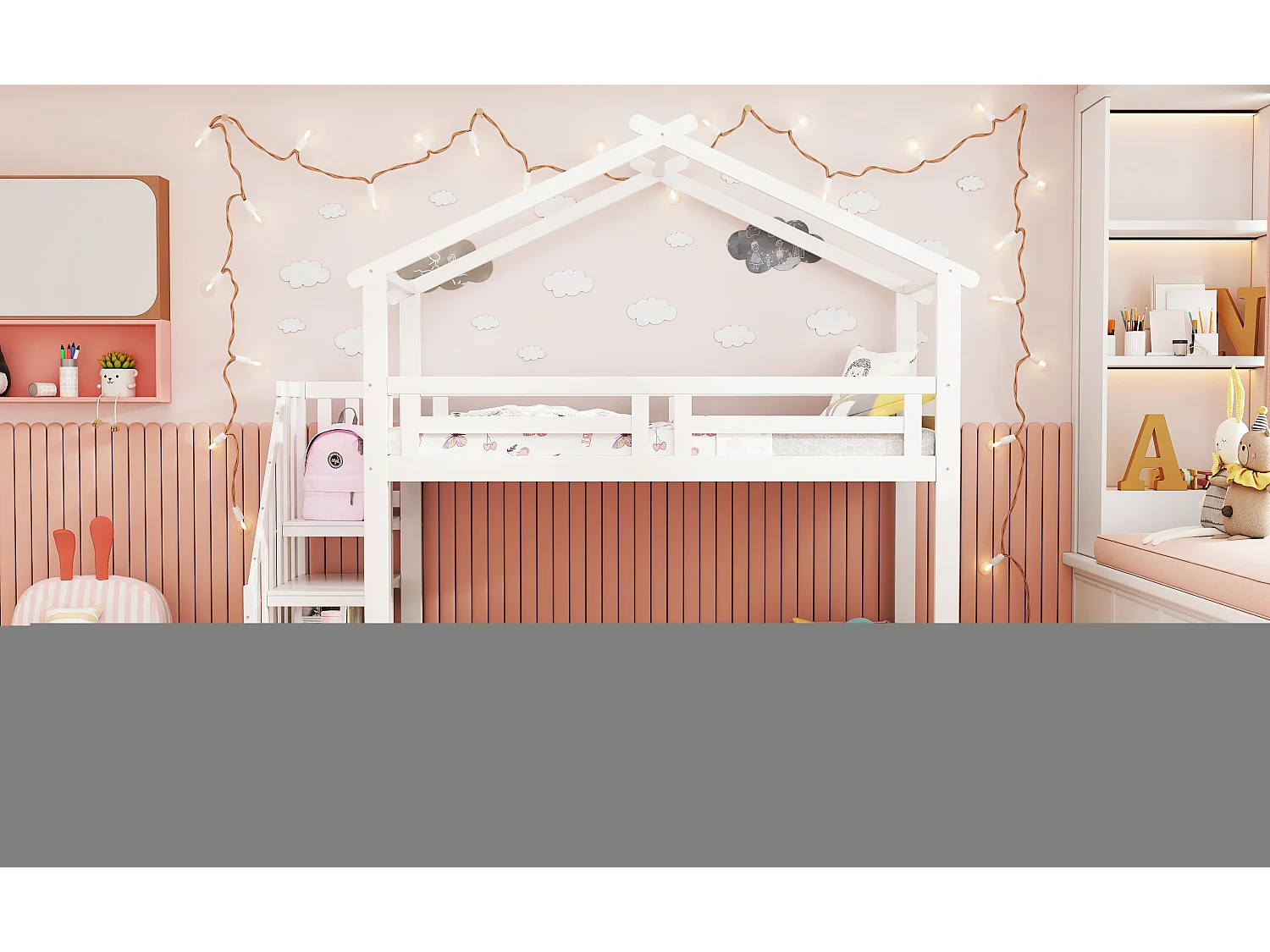 Łóżko piętrowe dla dzieci - 90 x 200 cm - ze schodkami bezpieczeństwa + dach - drewno + płyta MDF - białe