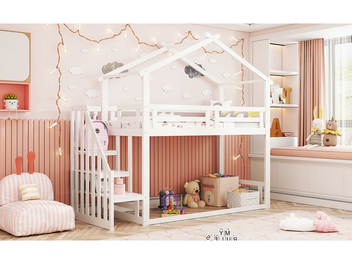 Łóżko piętrowe dla dzieci - 90 x 200 cm - ze schodkami bezpieczeństwa + dach - drewno + płyta MDF - białe