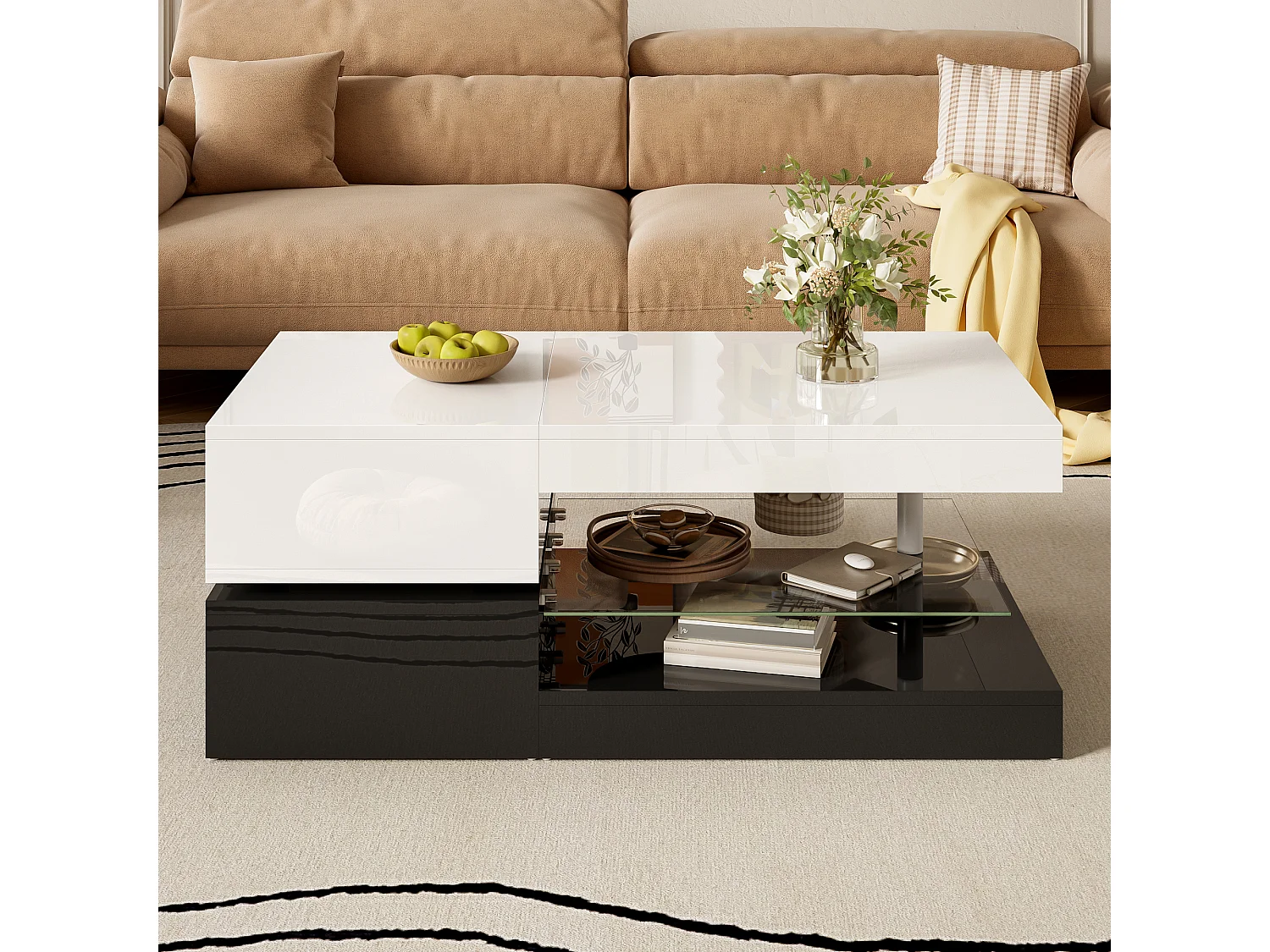 Table basse brillante - 90 x 45 x 35.5 cm - avec Leds + étagère en verre - aggloméré - blanc + noir