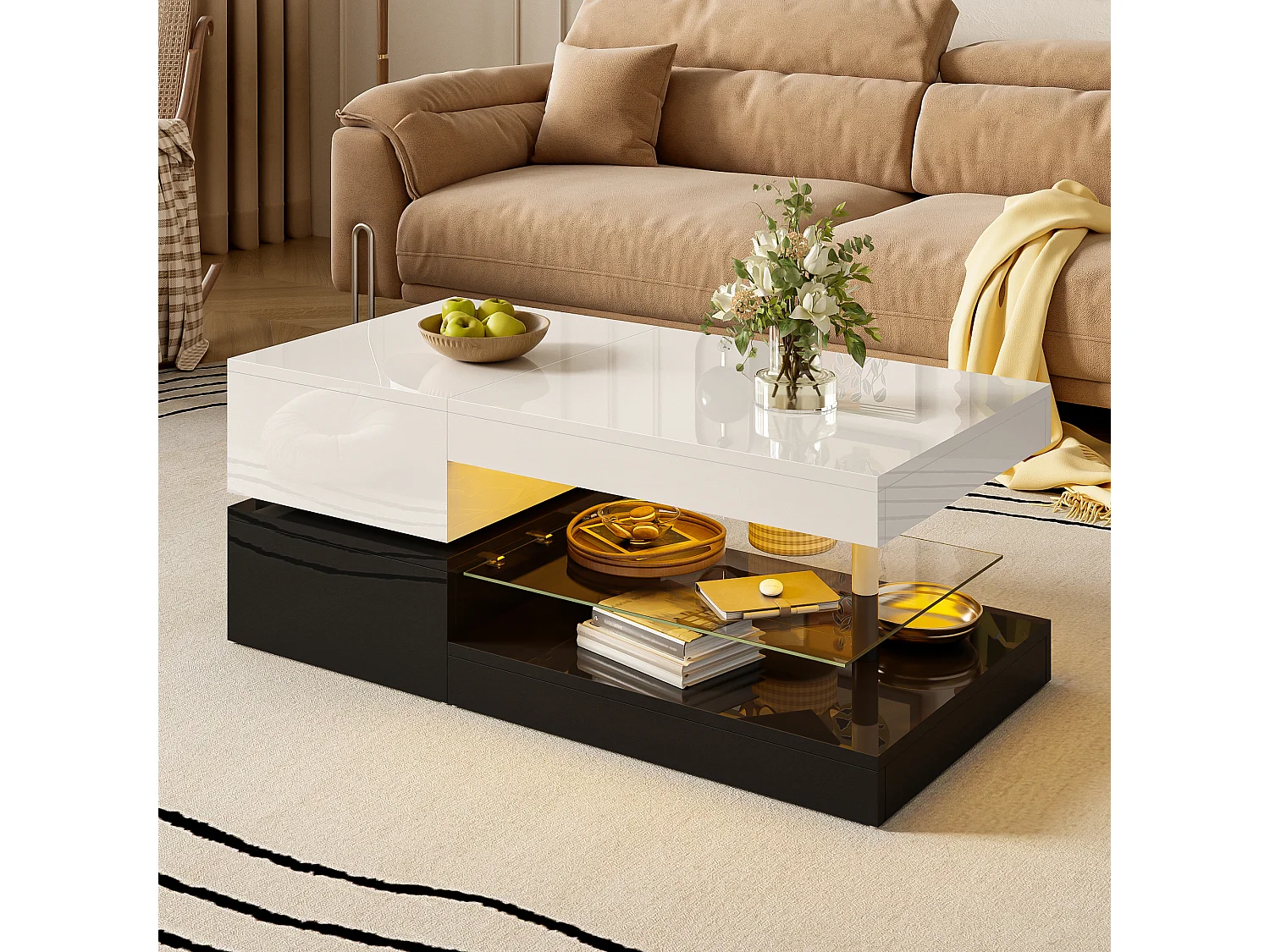 Table basse brillante - 90 x 45 x 35.5 cm - avec Leds + étagère en verre - aggloméré - blanc + noir