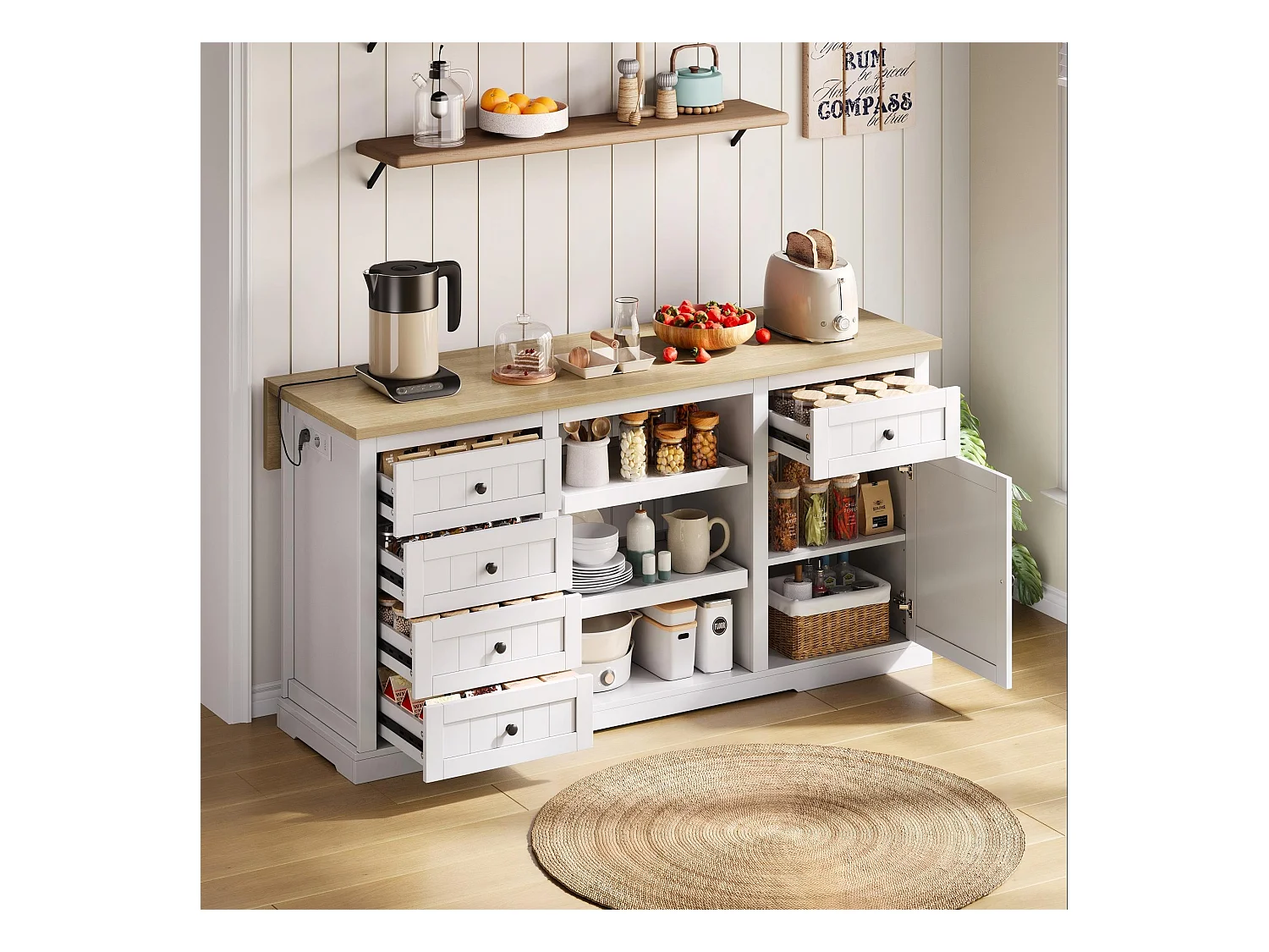 Îlot central panneau extensible pliable - 150 x 65 x 75 cm - avec 5 tiroirs + 1 porte - MDF - blanc