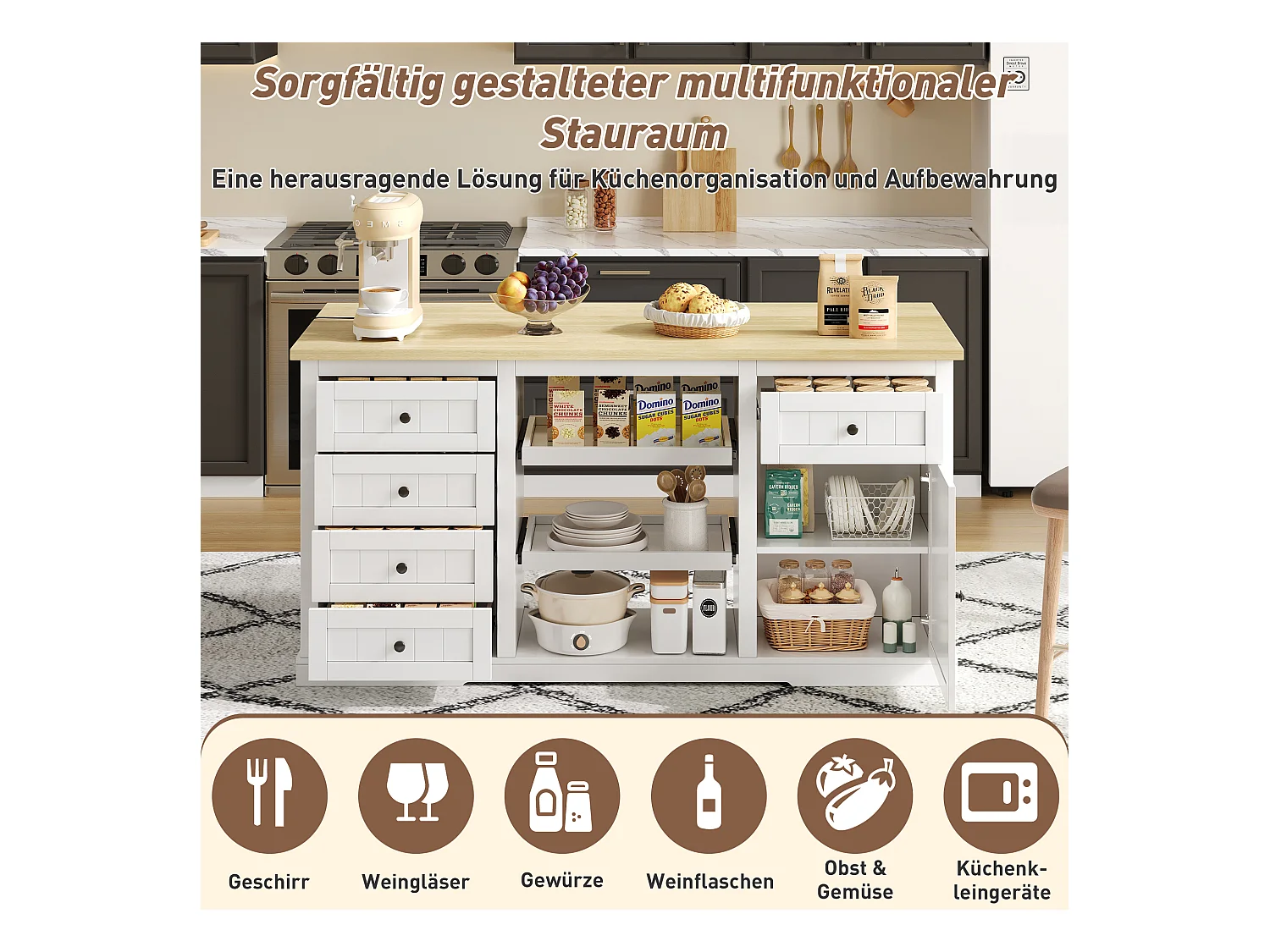 Îlot central panneau extensible pliable - 150 x 65 x 75 cm - avec 5 tiroirs + 1 porte - MDF - blanc