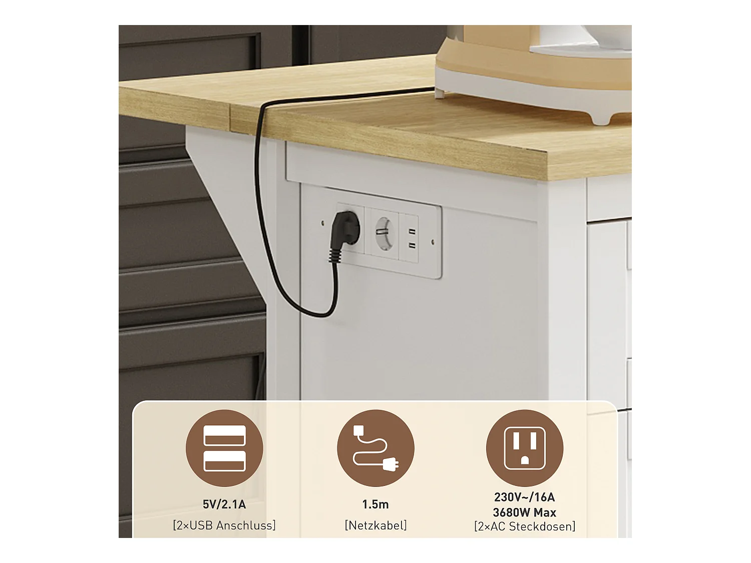 Îlot central panneau extensible pliable - 150 x 65 x 75 cm - avec 5 tiroirs + 1 porte - MDF - blanc