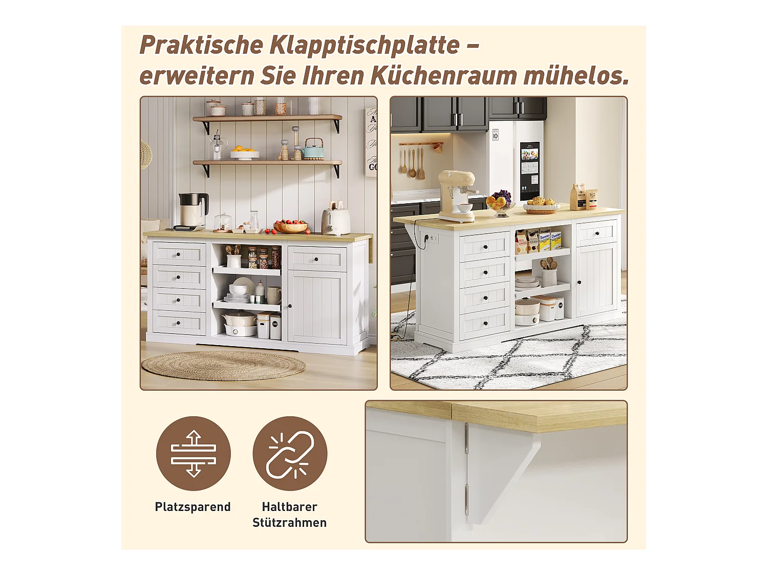 Îlot central panneau extensible pliable - 150 x 65 x 75 cm - avec 5 tiroirs + 1 porte - MDF - blanc