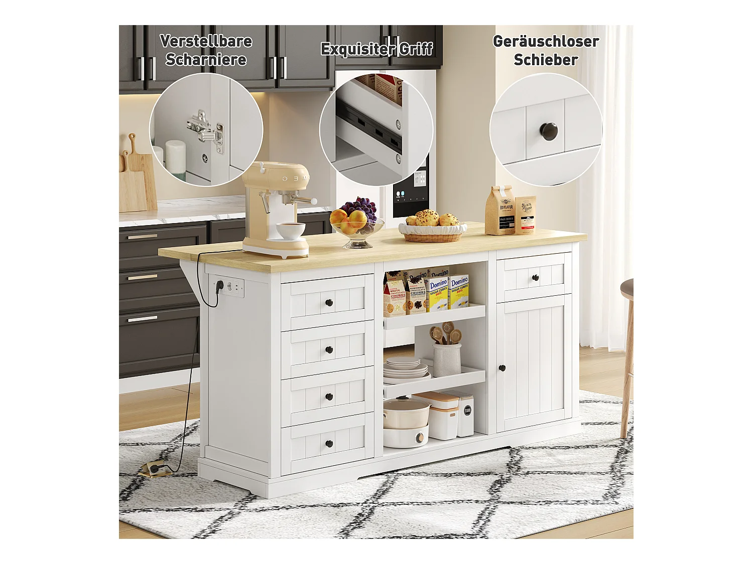 Îlot central panneau extensible pliable - 150 x 65 x 75 cm - avec 5 tiroirs + 1 porte - MDF - blanc