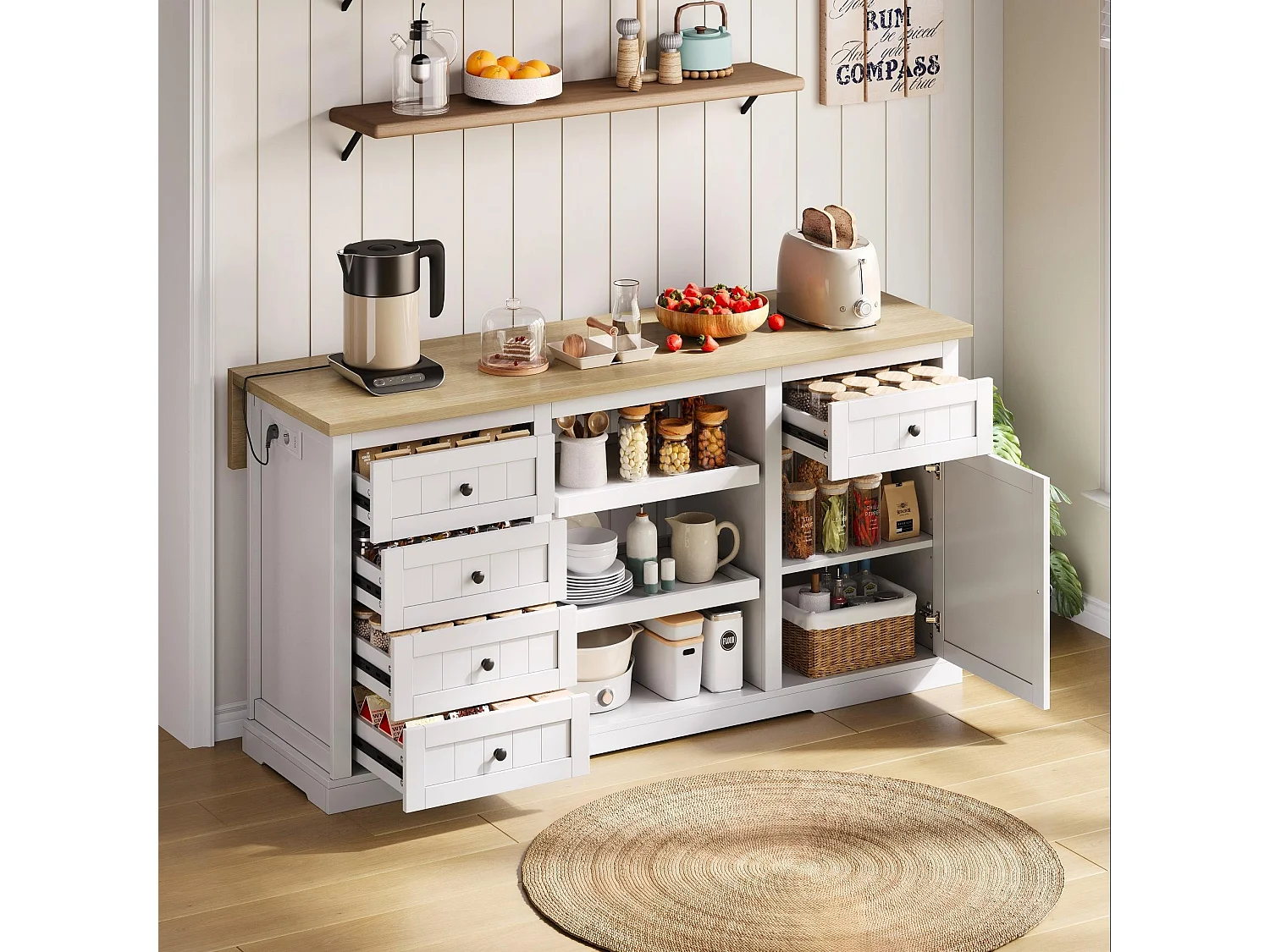 Centraal eiland met uitschuifbaar paneel - 150 x 65 x 75 cm - met 5 laden + 1 deur - MDF - wit