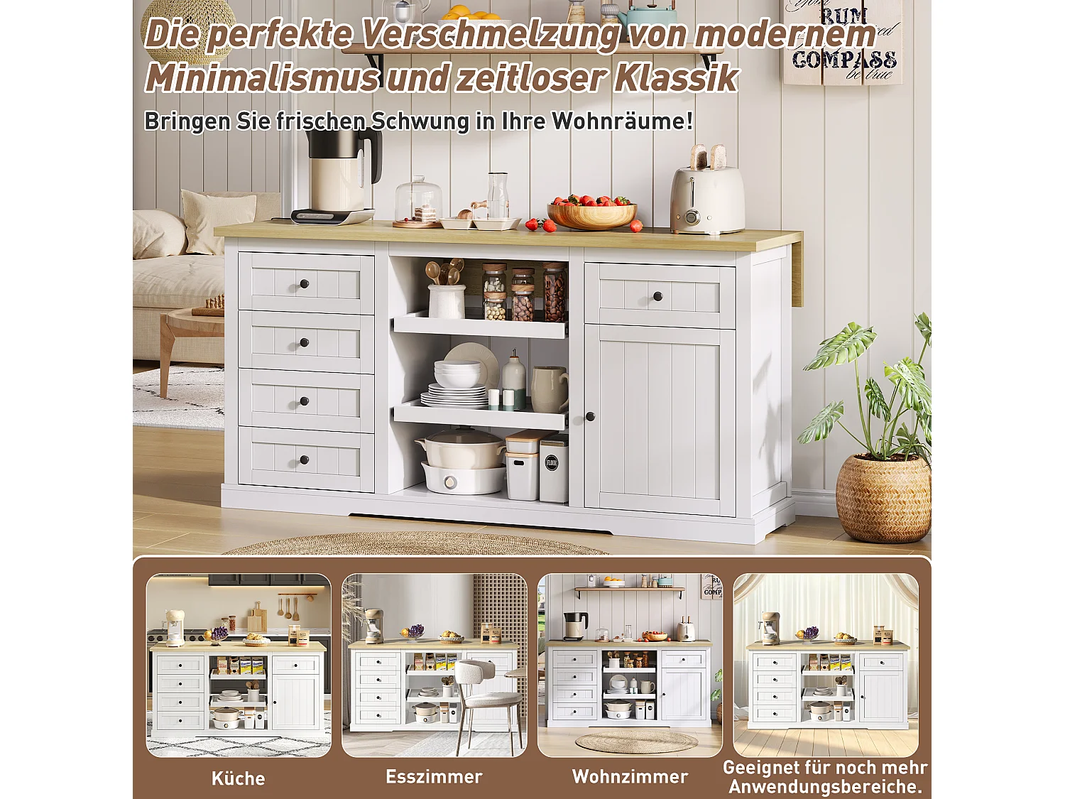 Centraal eiland met uitschuifbaar paneel - 150 x 65 x 75 cm - met 5 laden + 1 deur - MDF - wit