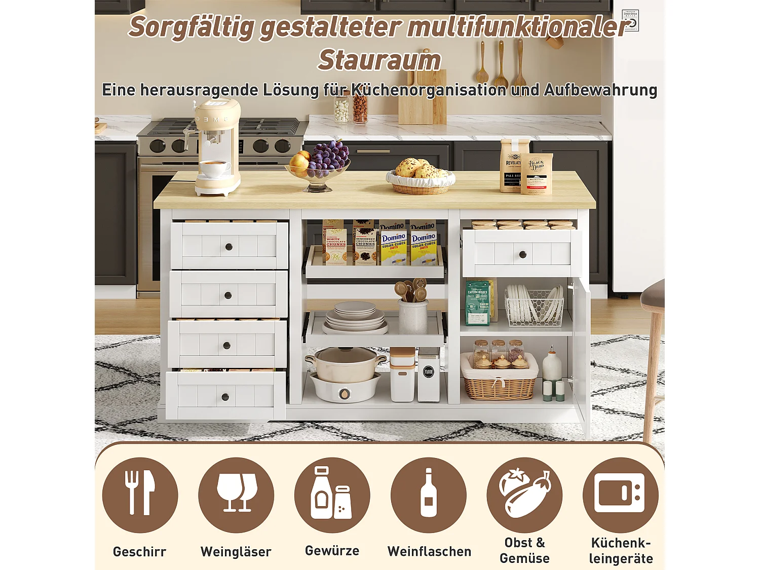 Centraal eiland met uitschuifbaar paneel - 150 x 65 x 75 cm - met 5 laden + 1 deur - MDF - wit