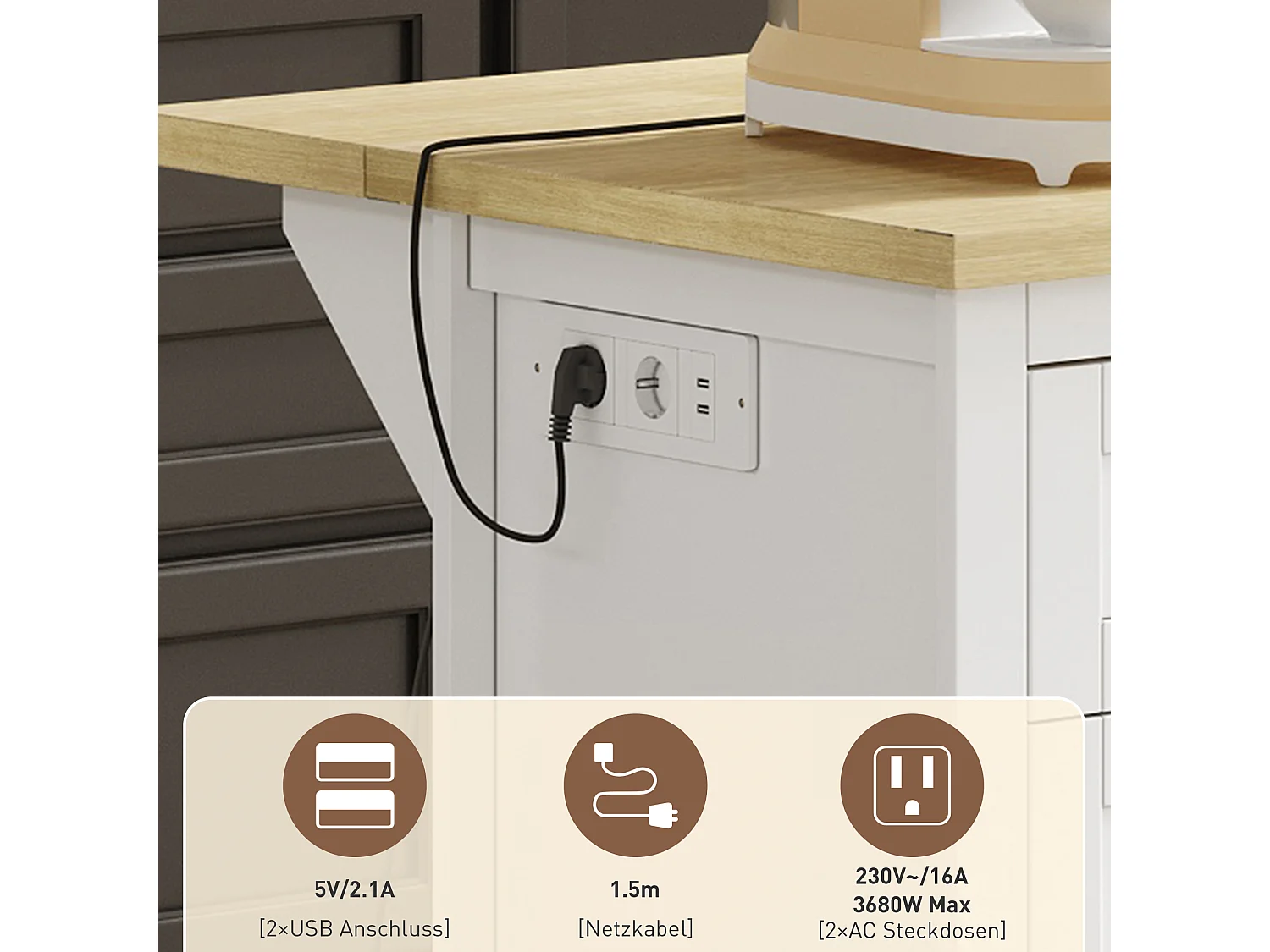 Centraal eiland met uitschuifbaar paneel - 150 x 65 x 75 cm - met 5 laden + 1 deur - MDF - wit