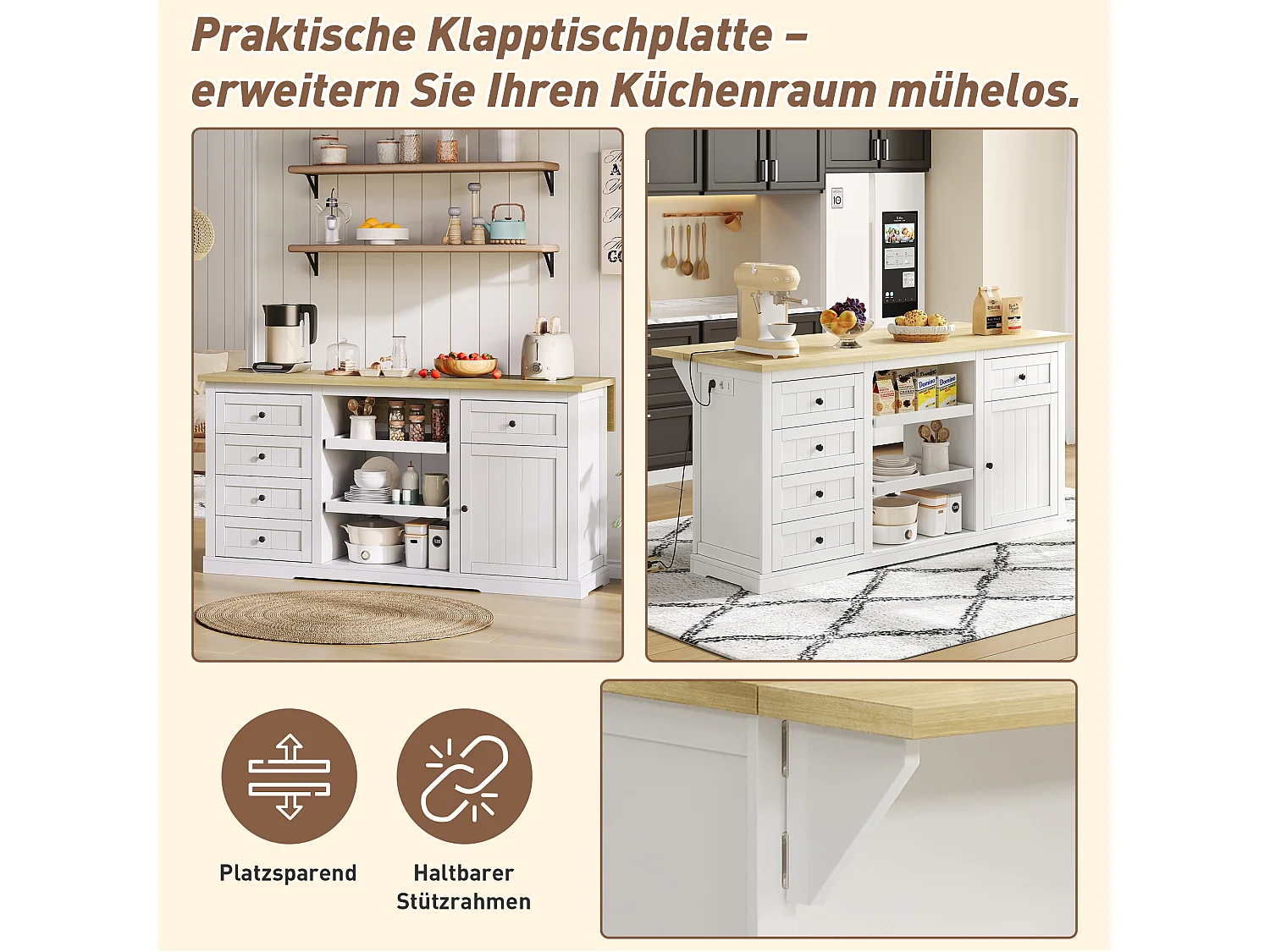 Centraal eiland met uitschuifbaar paneel - 150 x 65 x 75 cm - met 5 laden + 1 deur - MDF - wit