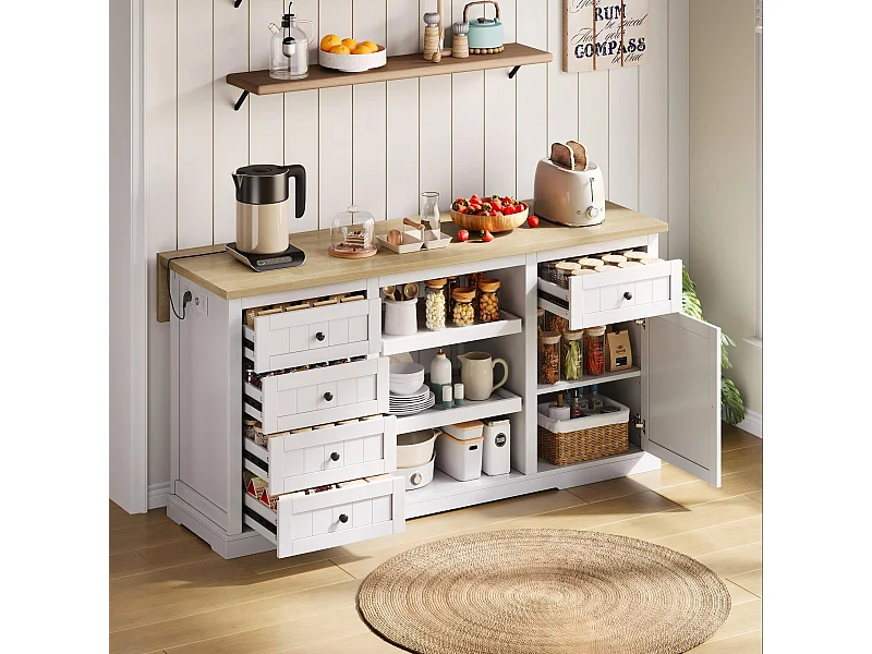 Îlot central panneau extensible pliable - 150 x 65 x 75 cm - avec 5 tiroirs + 1 porte - MDF - blanc