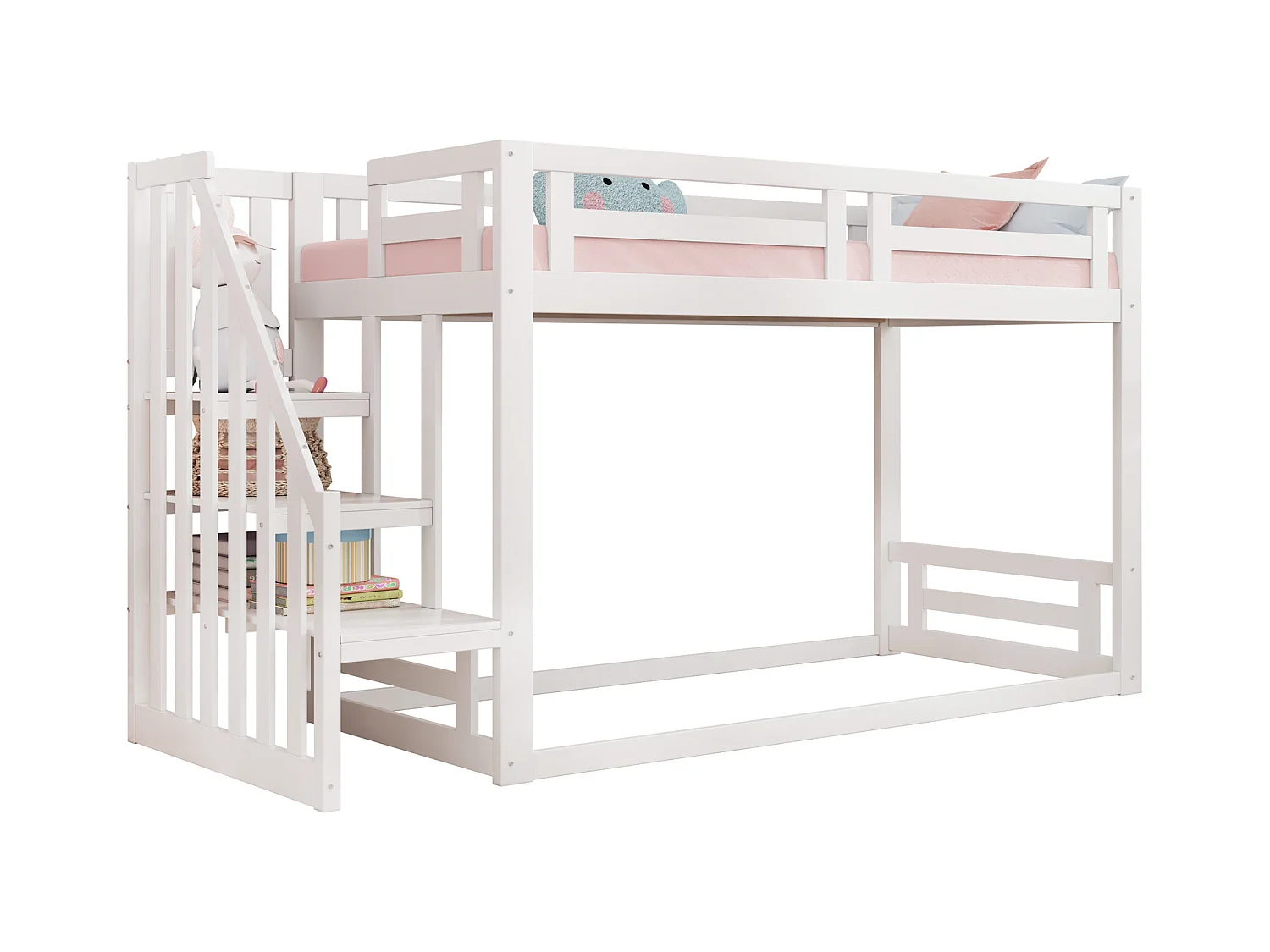 Lit superposés pour enfant - 90 x 200cm - avec escalier de sécurité - bois + MDF - blanc