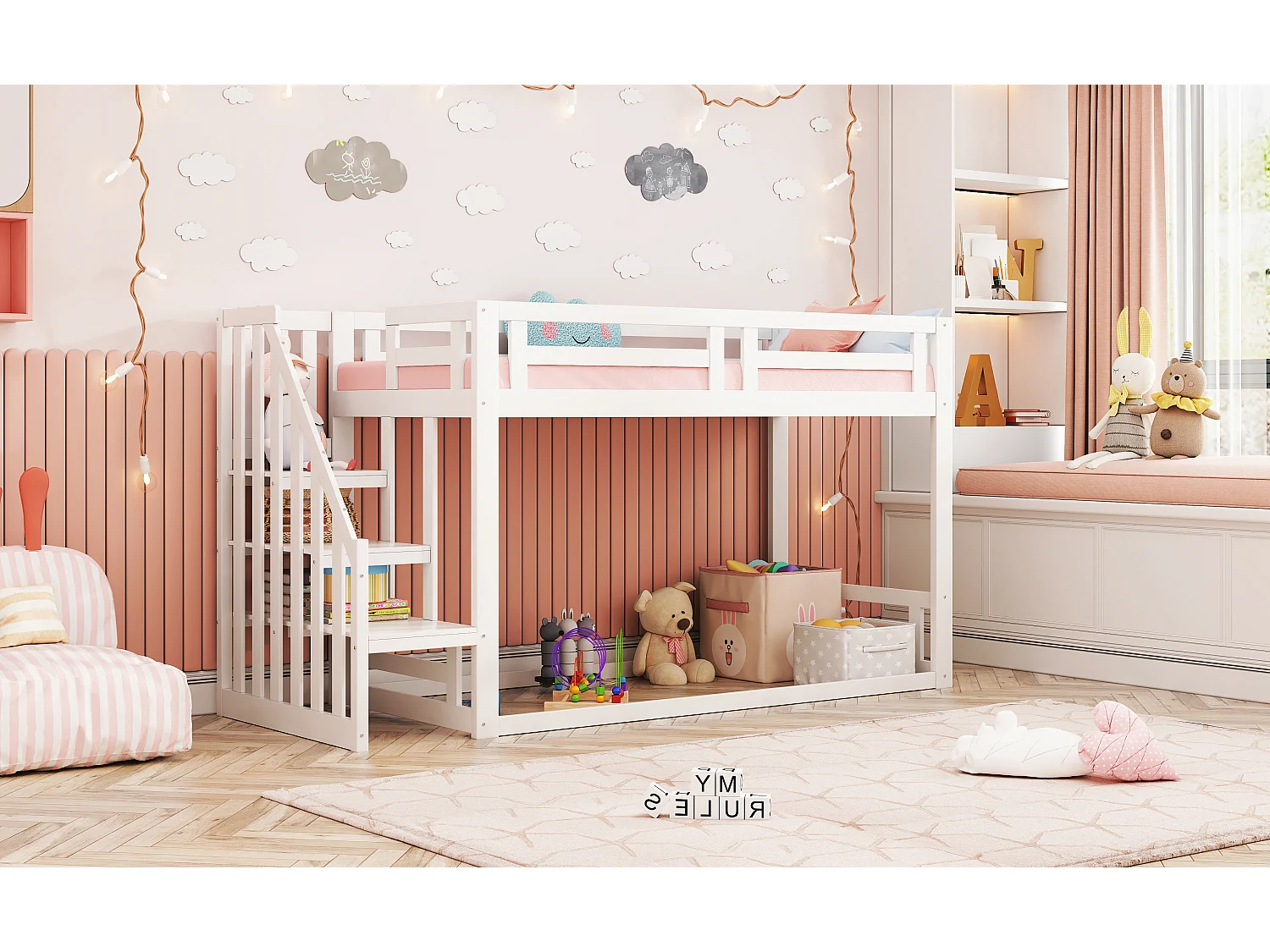 Letto a castello per bambini - 90 x 200 cm - con scaletta di sicurezza - legno + MDF - bianco