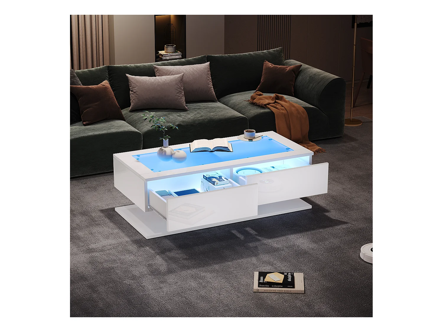Couchtisch glänzend - 100 x 50 x 35 cm - mit 2 Schubladen + LEDs - Glasplatte - Spanplatte - weiß