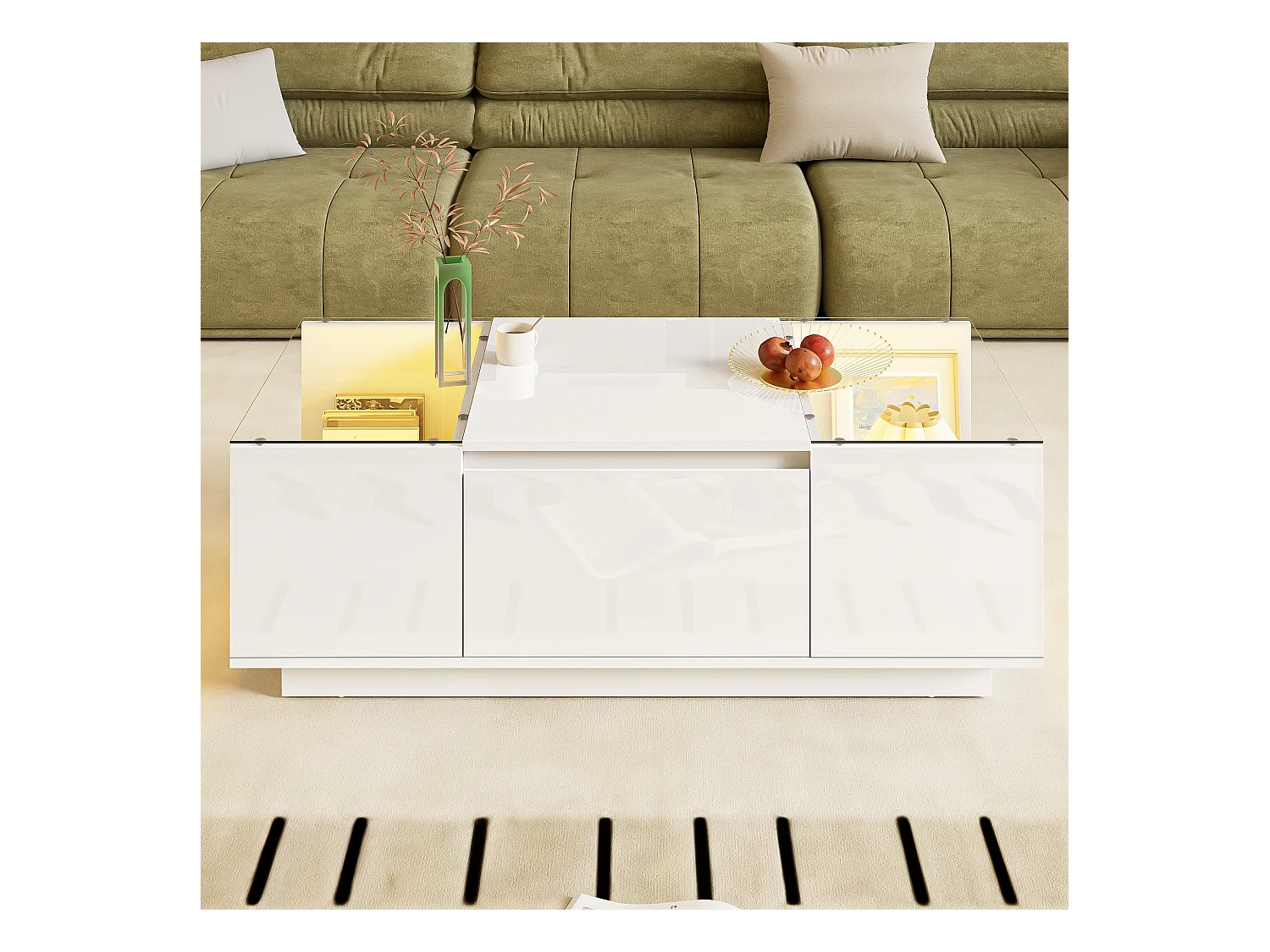 Table basse moderne - 105 x 50 x 35 cm - avec 2 tiroirs + Leds - plateau en verre - aggloméré - blanc