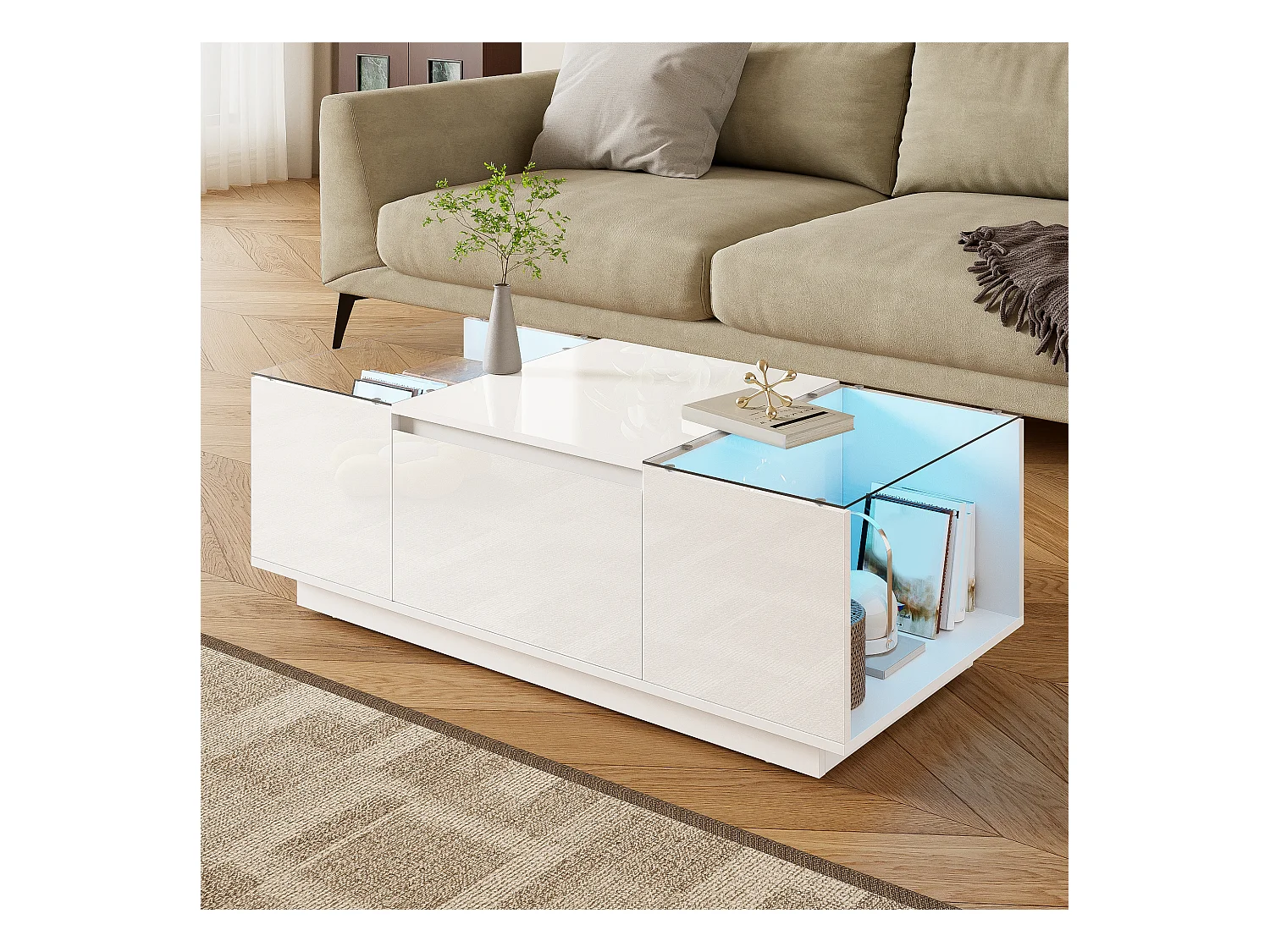 Table basse moderne - 105 x 50 x 35 cm - avec 2 tiroirs + Leds - plateau en verre - aggloméré - blanc