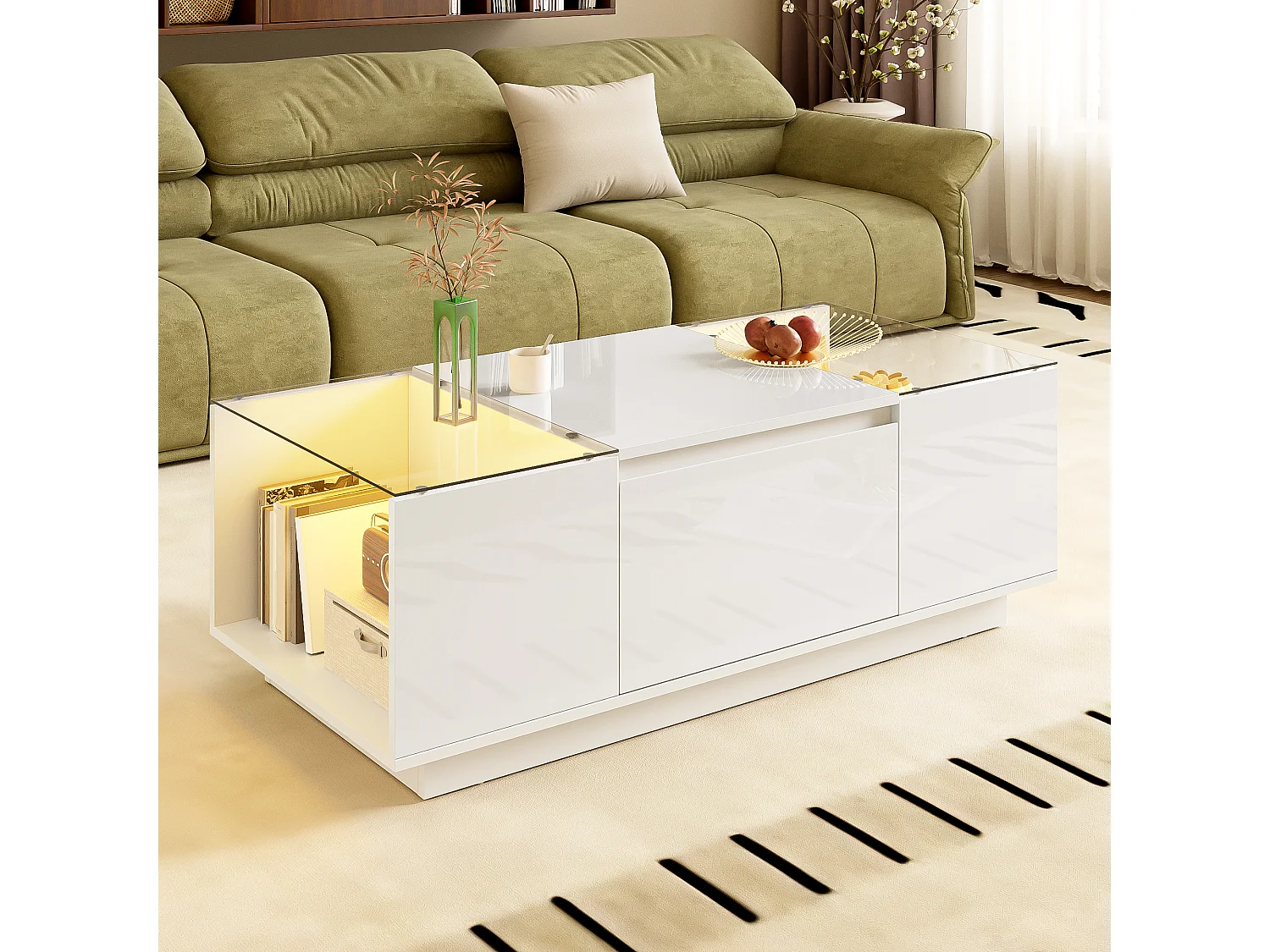Table basse moderne - 105 x 50 x 35 cm - avec 2 tiroirs + Leds - plateau en verre - aggloméré - blanc