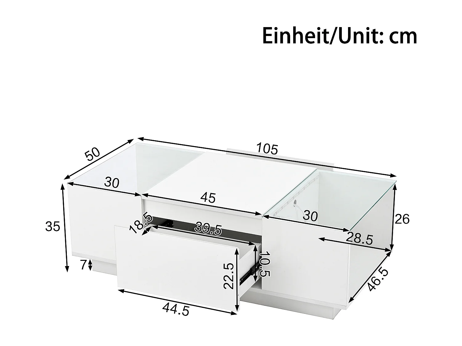Table basse moderne - 105 x 50 x 35 cm - avec 2 tiroirs + Leds - plateau en verre - aggloméré - blanc