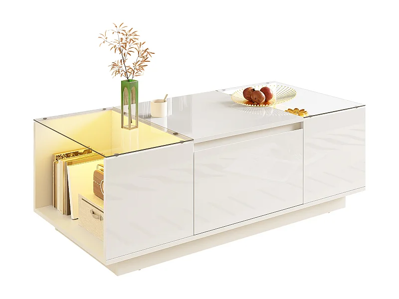 Moderne salontafel - 105 x 50 x 35 cm - met 2 lades + LED's - glazen blad - spaanplaat - wit