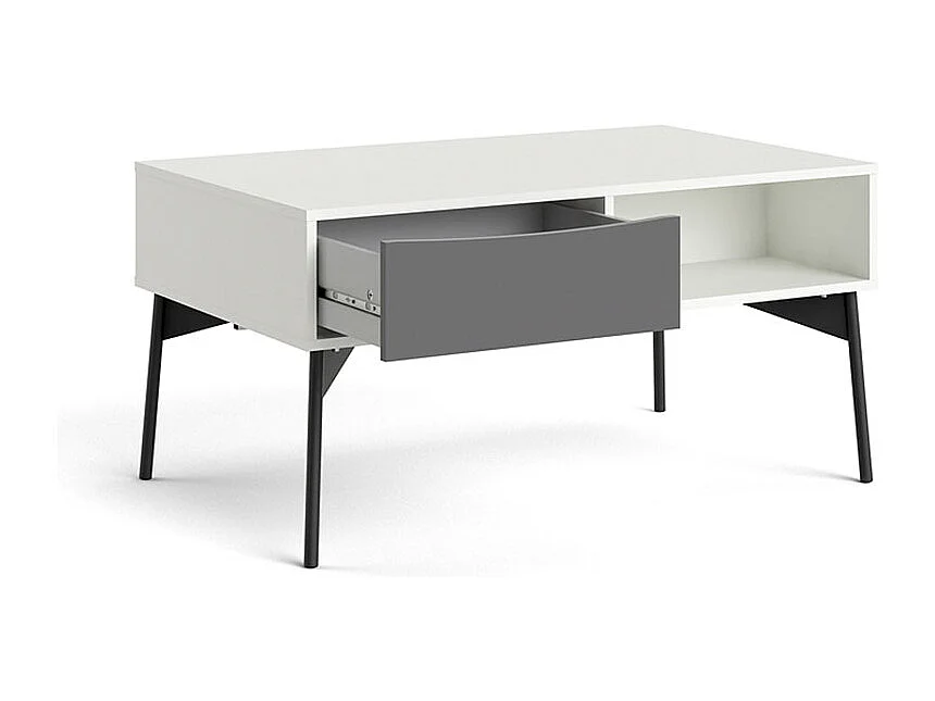 Elly Couchtisch 1 Schublade, 3 Einlegeböden mattweiß, grau.