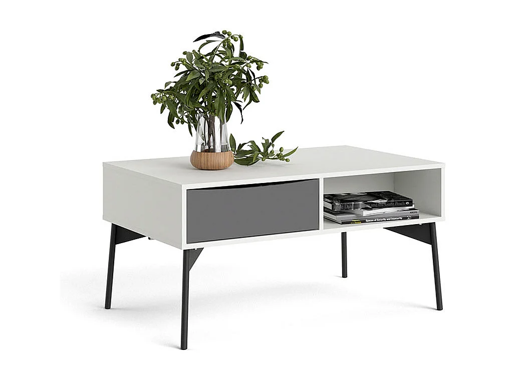 Elly Couchtisch 1 Schublade, 3 Einlegeböden mattweiß, grau.