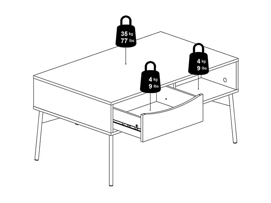 Elly Couchtisch 1 Schublade, 3 Einlegeböden mattweiß, grau.