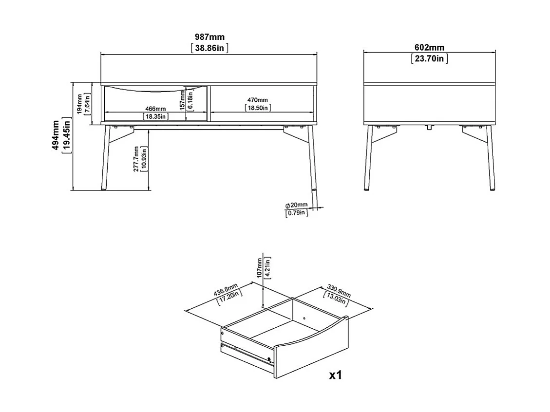 Elly Couchtisch 1 Schublade, 3 Einlegeböden mattweiß, grau.