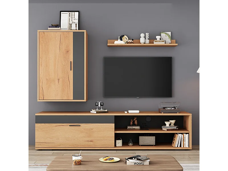 Zestaw szafek RTV - 140 x 35 x 39 cm - szafka RTV + szafka wisząca + półka wisząca - płyta wiórowa - naturalny