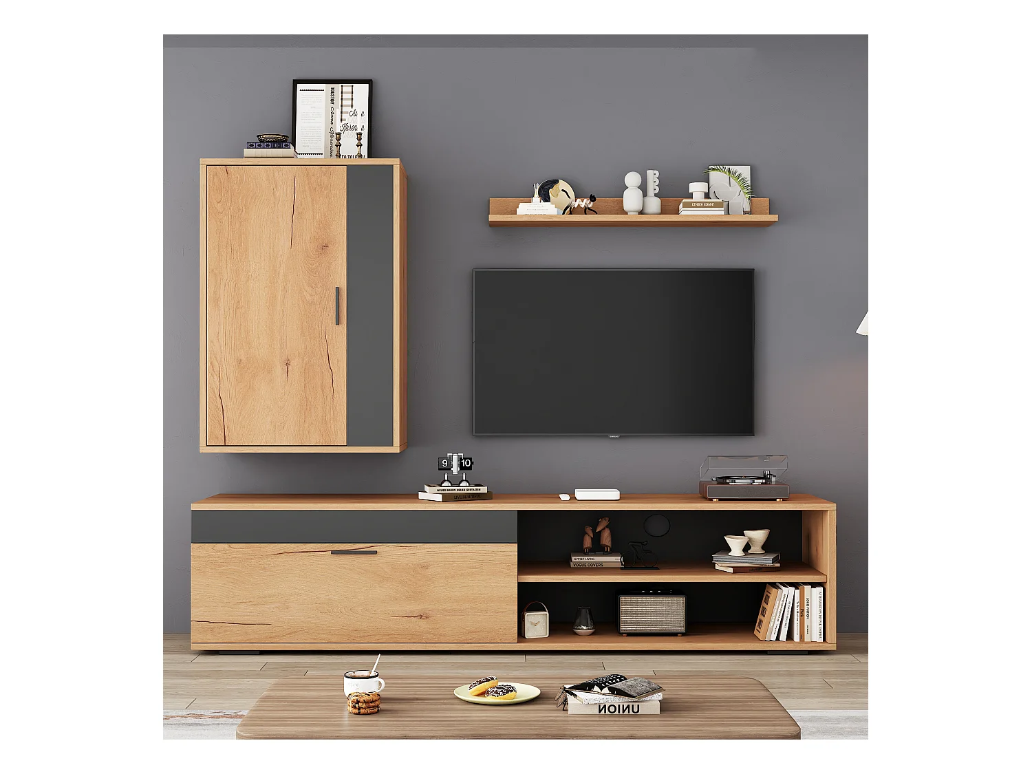 Zestaw szafek RTV - 140 x 35 x 39 cm - szafka RTV + szafka wisząca + półka wisząca - płyta wiórowa - naturalny