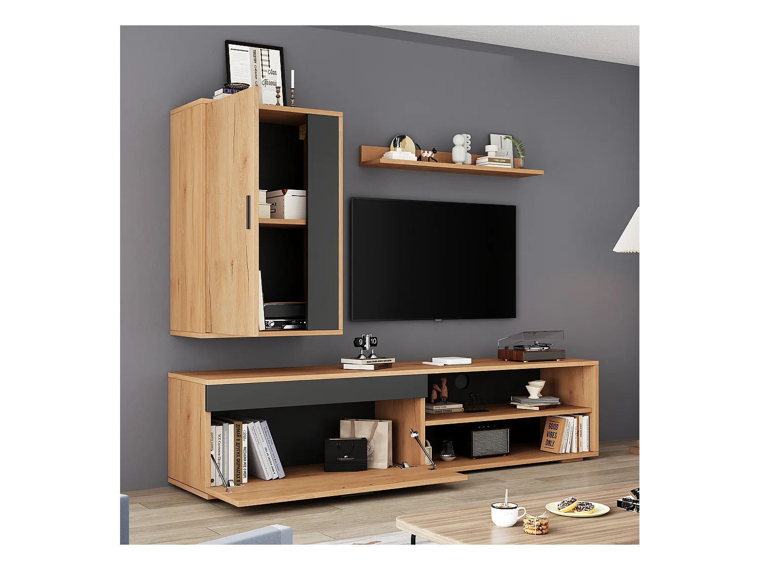 Zestaw szafek RTV - 140 x 35 x 39 cm - szafka RTV + szafka wisząca + półka wisząca - płyta wiórowa - naturalny