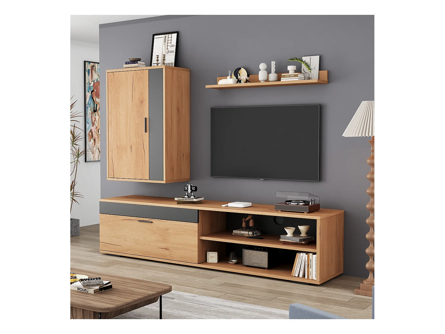 Zestaw szafek RTV - 140 x 35 x 39 cm - szafka RTV + szafka wisząca + półka wisząca - płyta wiórowa - naturalny