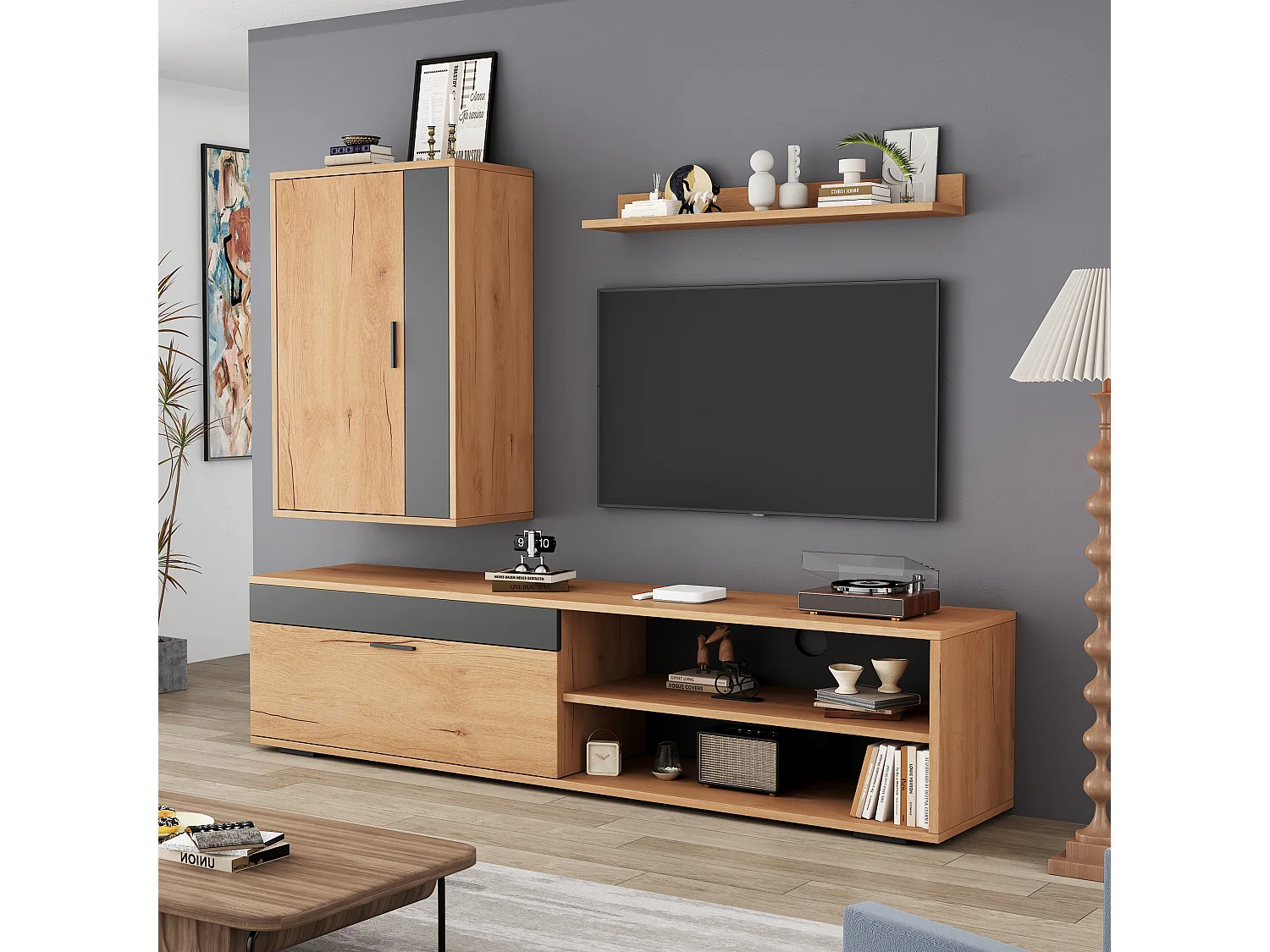 Ensemble de meubles TV - 140 x 35 x 39cm - meuble TV + meuble mural + étagère murale - aggloméré - naturel