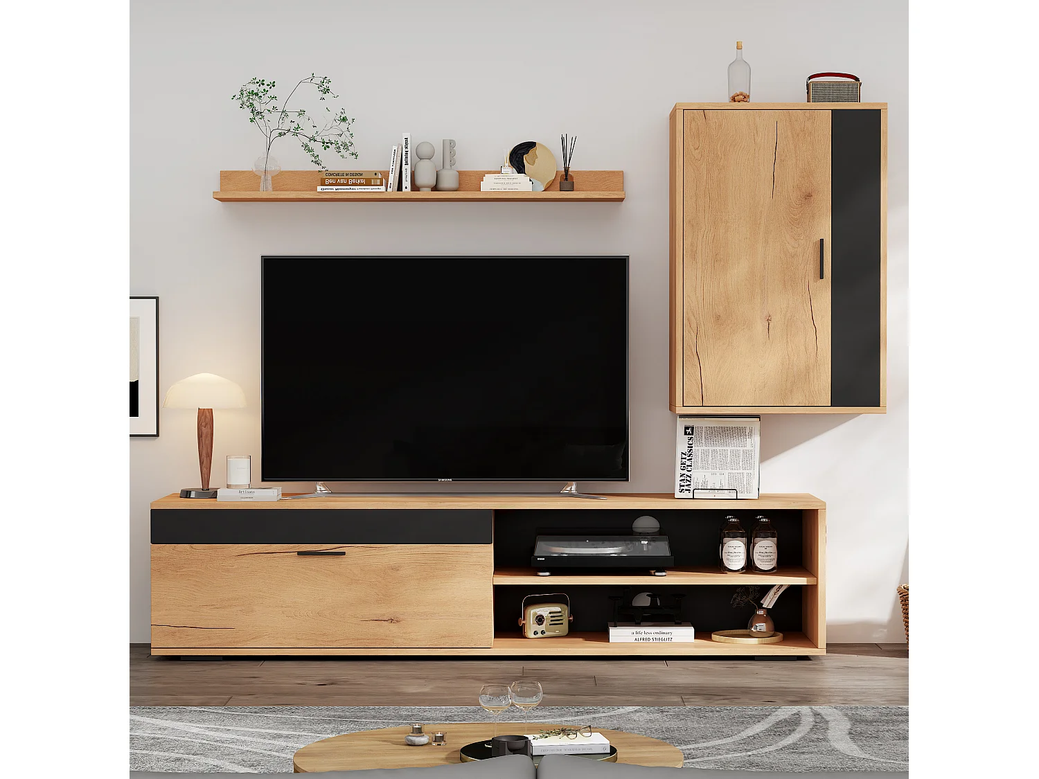 Ensemble de meubles TV - 140 x 35 x 39cm - meuble TV + meuble mural + étagère murale - aggloméré - naturel