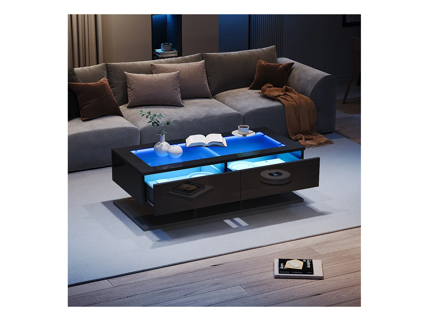 Table de salon brillante - 100 x 50 x 35 cm - avec 2 tiroirs + Leds - plateau en verre - aggloméré - noir