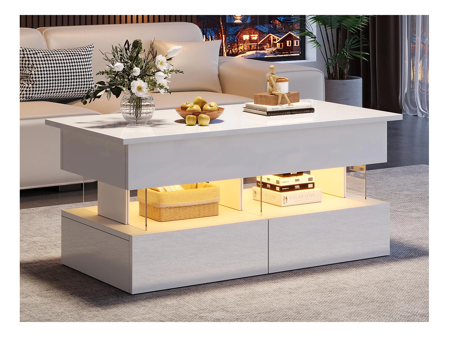 Table basse relevable 120x50x46 cm - avec éclairage LED - 2 tiroirs - MDF + verre trempé - blanc